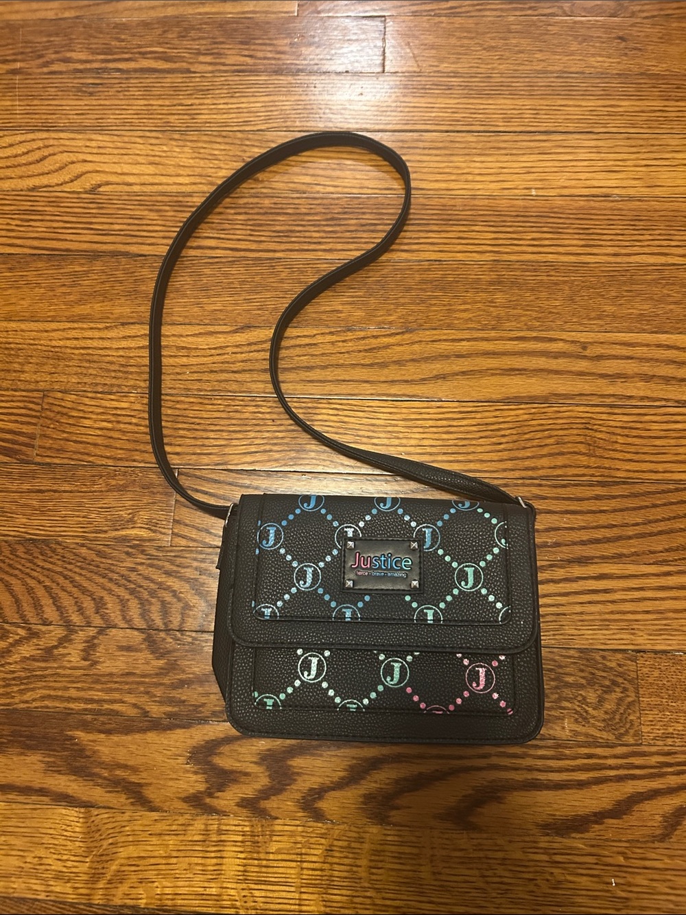 Justice Black Crossbody with Blue, Teal & Pink Accents